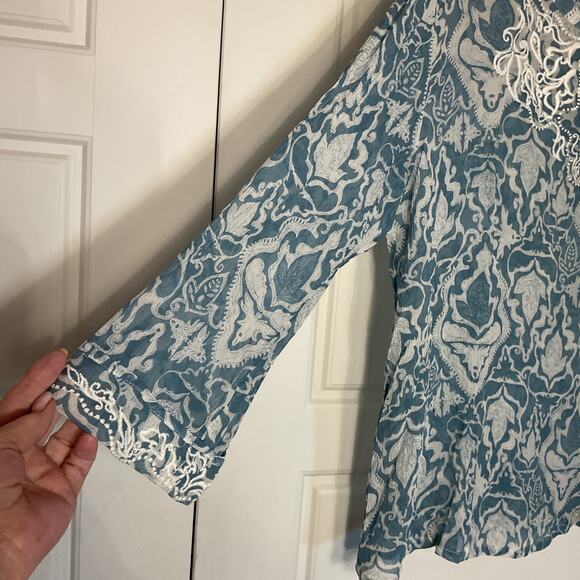 Chico's Blue Floral Longsleeve Semi Sheer Silk Embroidered Boho Peasant Top 2 - Picture 4 of 11